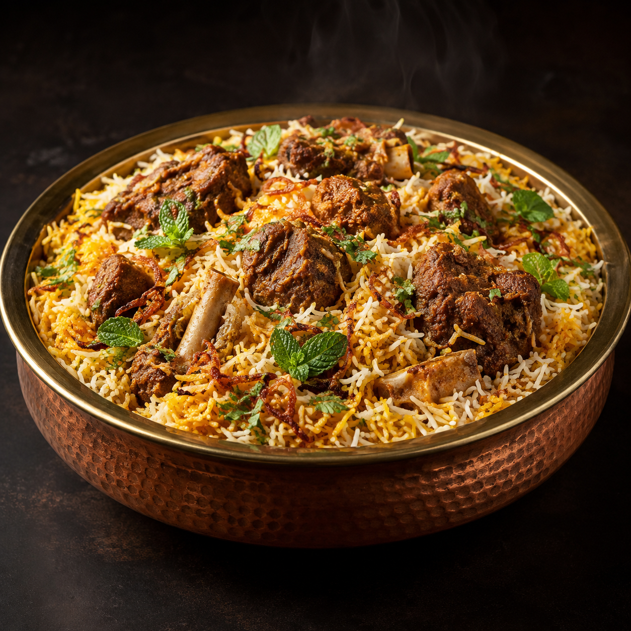 Mutton dum biryani served in a hammered copper bowl